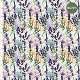 Digitally Printed Fabric with Lavender Pattern on a Watercolor Splattered Background